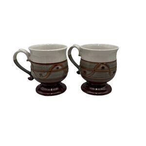 2 Vtg Stoneware Pottery Glaze Footed Brown & Greenish Gray Studio Clay Mugs Read
